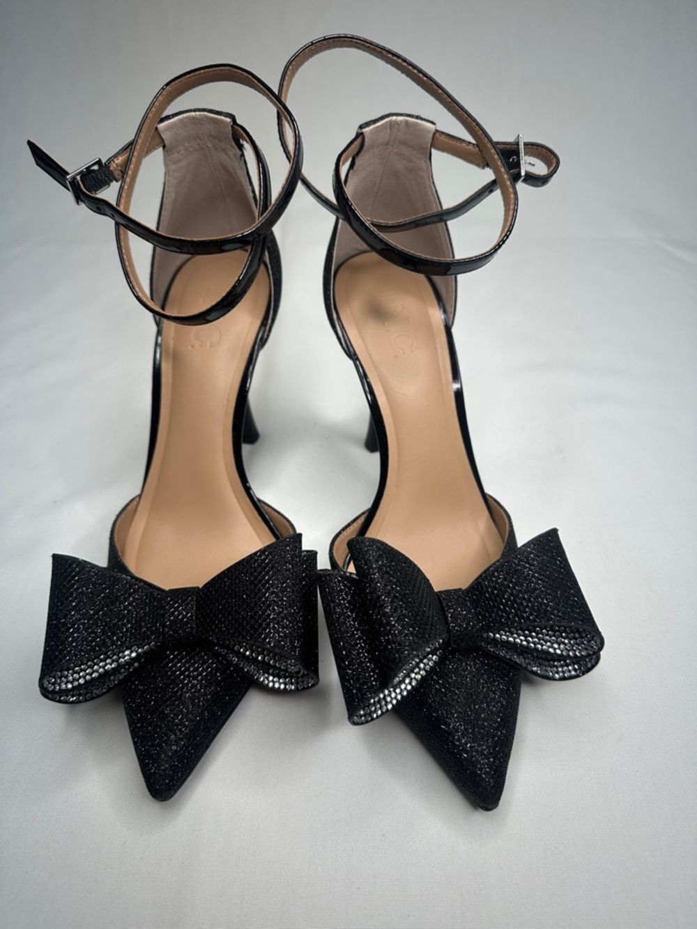 INC International Concepts Black Pointed Toe Bow Ankle-Strap Heels